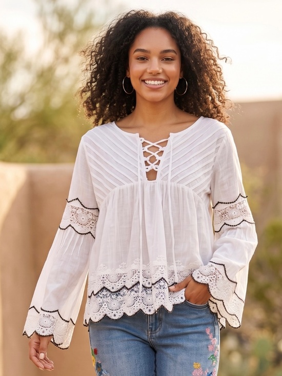 POL Tops - POL White Lace Trim Peasant Top | Long Bell Sleeve Cotton Babydoll